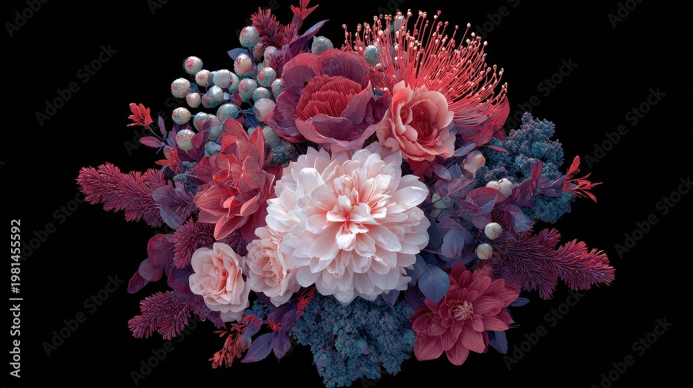 Obraz premium Wedding bouquet with flowers, flat design, top view, 3D render, Triadic color scheme, elegant and spooky arrangement.