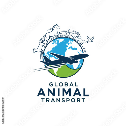 Global animal transport logo with an airplane flying around the earth and various outline animals