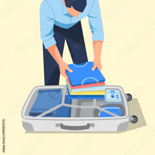 Man Packing Clothes into Suitcase for Travel.