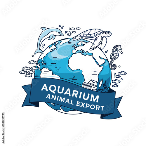 Global illustration of marine animals around Earth with Aquarium Animal Export banner