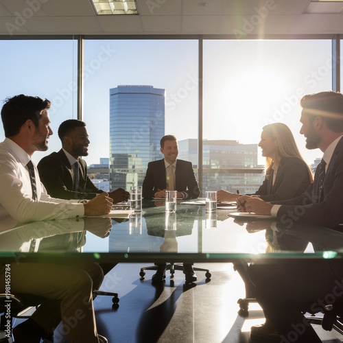 ガラス張りの高層オフィスでビジネスチームが会議をする様子 — 逆光と都市景観が広がるプロフェッショナルな会議室