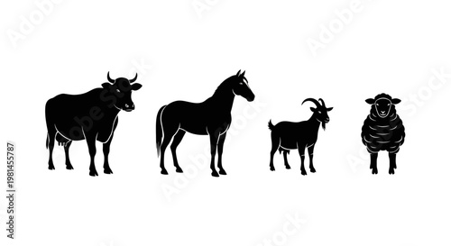 Black silhouettes of farm animals standing.