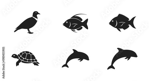 Silhouettes of various sea creatures and bird.