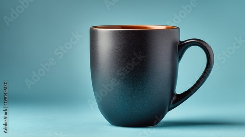 Elegant Black Coffee Mug with Warm Interior on Soft Blue Background for Minimalist Style and Modern Aesthetic in Kitchen and Dining Spaces