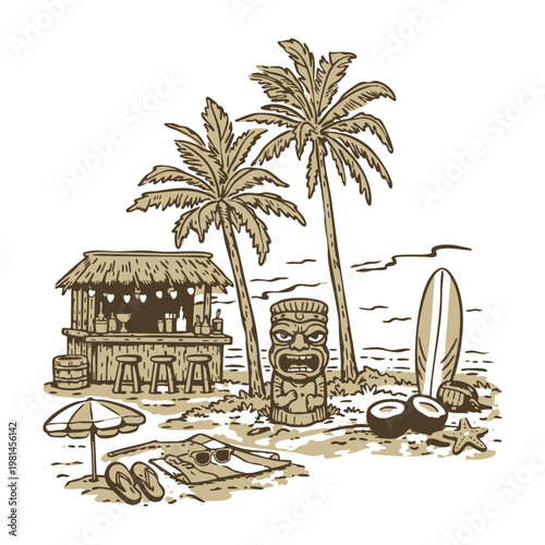 Tableau sur toile Vintage Tiki Bar Tropical Beach Illustration