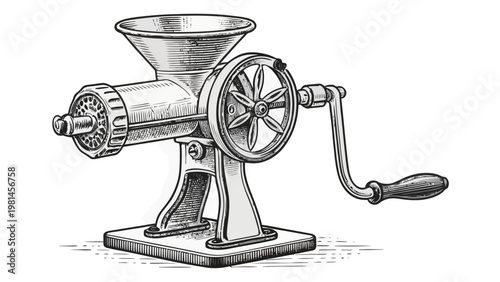 Vintage manual meat grinder machine with handle on white background traditional butcher kitchen tool