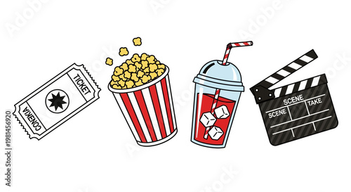 Movie night snacks and film tools.