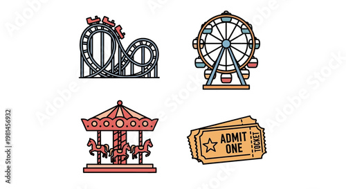 Colorful amusement park ride icons set.