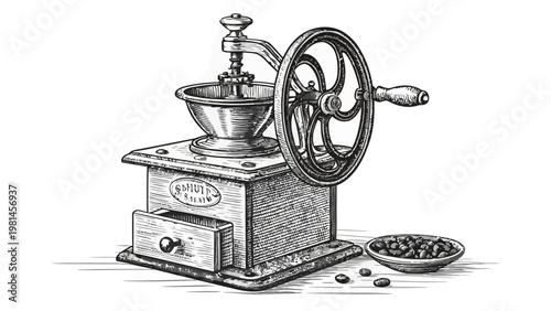 Vintage manual coffee grinder with bowl of beans on table monochrome illustration traditional butcher grinder