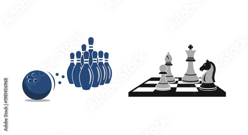 Bowling Ball Hits Pins and Chess Pieces.
