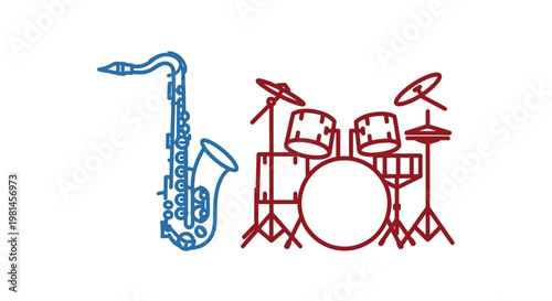 Saxophone and drum set musical instruments.