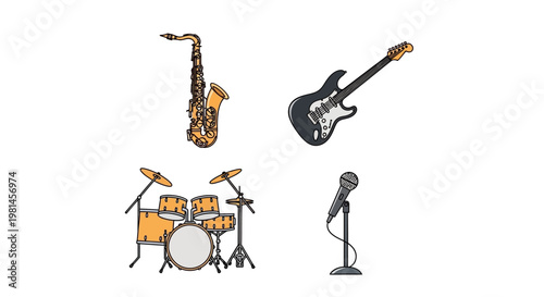 Musical instruments for jazz band performance.