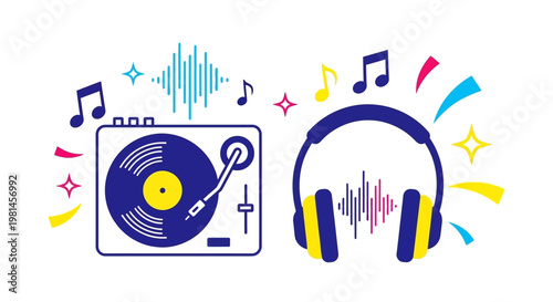 Music Headphones Vinyl Record Player.
