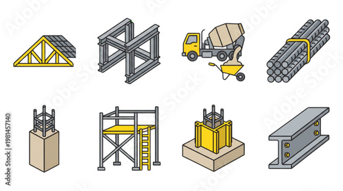 Construction Elements Set Isometric Building Materials Icons