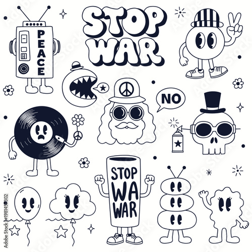 Hand Drawn Y2K Anti-War "Stop War" Slogans, Hippie Figures, Vinyl Record, and Skull Icons for Trendy Streetwear Design. Retro Groovy Doodle Character Set