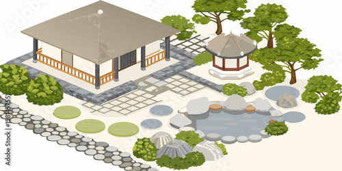 Isometric illustration of a traditional japanese garden with structures