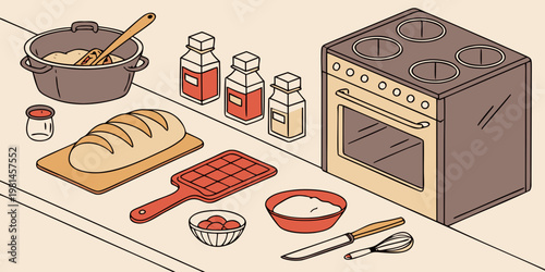 A cozy kitchen scene featuring bread a stove and cooking ingredients