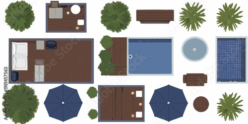 Aerial view of a resort with pools buildings and landscaping