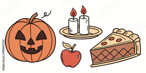 A festive halloween still life featuring a pumpkin candles and pie
