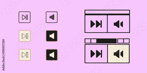 Collection of minimalist media player control icons on pink background