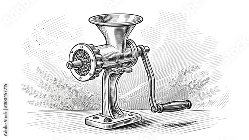 Vintage manual meat grinder kitchen tool with crank handle and funnel top on a rustic table background