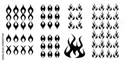 Collection of stylized flame and teardrop tattoo designs in black