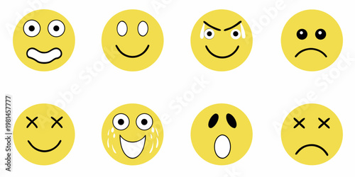 A collection of eight yellow hand drawn emoticons displaying various expressions