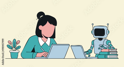 Vector graphic depicting a woman and a friendly robot partner working together on computers, representing modern teamwork.
