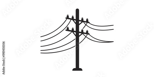 Minimalist black silhouette icon of electric utility pole with power lines electric transmission infrastructure silhouette electricity distribution communication industrial technology