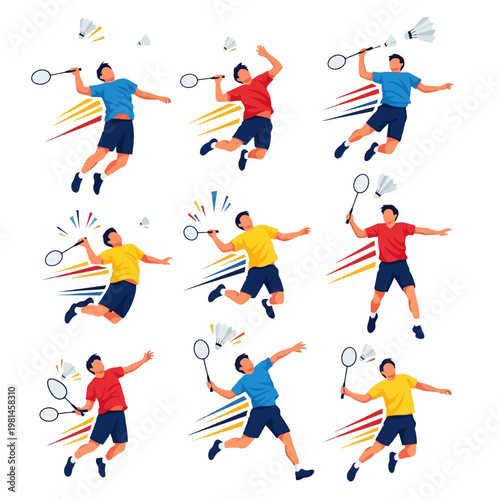 Badminton Players Jumping Action Shots, Dynamic Sports Illustration