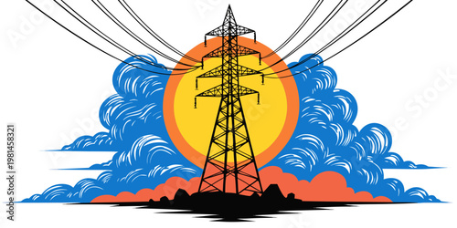 Electrical transmission tower against large yellow sun and clouds with transmission electricity illustration silhouette industry electrical landscape stylized infrastructure engineering