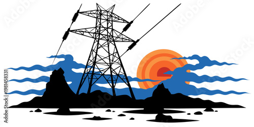 Industrial high voltage pylon silhouette against sunset clouds with electricity transmission industry silhouette illustration electrical infrastructure landscape stylized technology