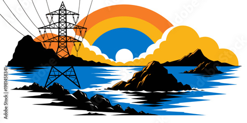 High voltage power lines and pylon over coastal landscape with setting sun powerlines electricity landscape transmission industry illustration silhouette electrical infrastructure stylized