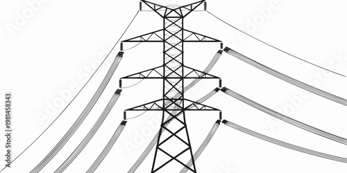 Tall high voltage pylon with detailed electrical transmission lines electricity transmission electrical infrastructure industrial distribution engineering conductors insulators silhouette