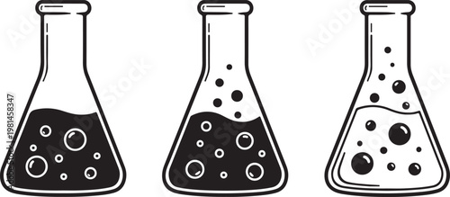 Set of three laboratory flasks with liquid and bubbles. beaker glass with chemical substance. science and research.