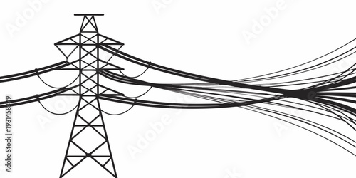 Graphic illustration of electrical power pylon and cable lines with electricity transmission electrical distribution engineering industrial infrastructure structure conductors insulators