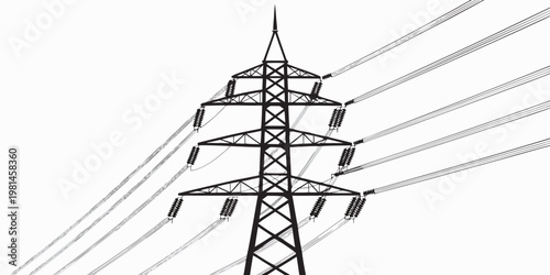 High voltage steel electricity tower with multiple transmission cables electricity transmission electrical infrastructure industrial distribution engineering conductors insulators silhouette
