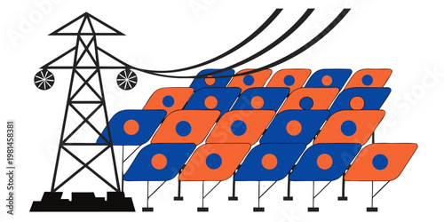 Solar energy power plant concept with electricity transmission pylon electricity renewable transmission sustainable technology environment infrastructure industry electrical illustration