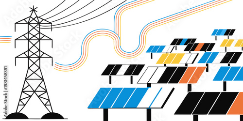 Modern renewable energy concept with solar panel farm and power grid renewable electricity technology sustainable environment infrastructure illustration transmission electrical alternative