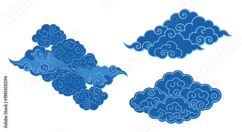 Blue Swirling Clouds Vector Set - Traditional East Asian Style