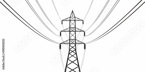 High voltage electrical power tower with overhead power lines against white background electricity transmission electric distribution infrastructure industrial overhead connection structure