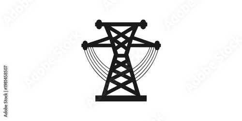 Minimalist graphic icon of a high voltage electrical transmission pylon with electricity transmission electric distribution infrastructure industrial silhouette connection isolated background