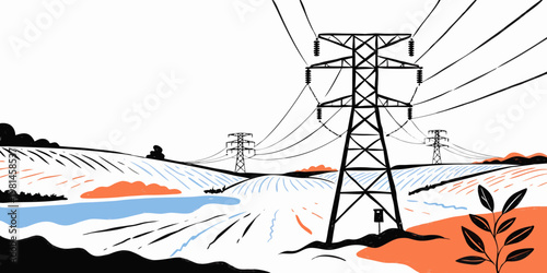 Graphic illustration of electrical transmission towers in a rural field landscape with electricity landscape transmission infrastructure electrical industrial distribution engineering planning