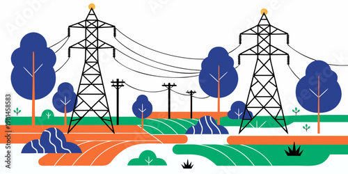 Flat vector landscape illustration with power lines and utility pylons electricity transmission infrastructure landscape illustration environmental engineering distribution industry greenery