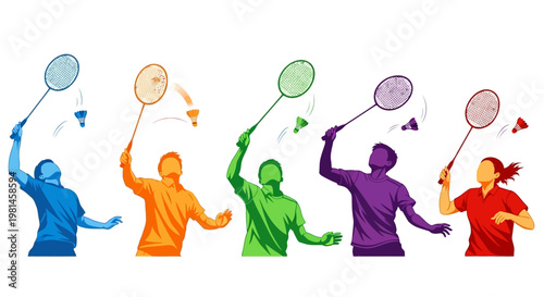 Diverse badminton players in vibrant silhouettes playing a match with colorful shuttlecocks