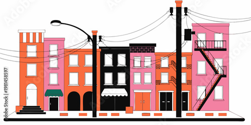 Flat vector illustration of city street buildings with fire escapes and power lines buildings architecture illustration minimalist colorful urbanism streetscape neighborhood metropolis