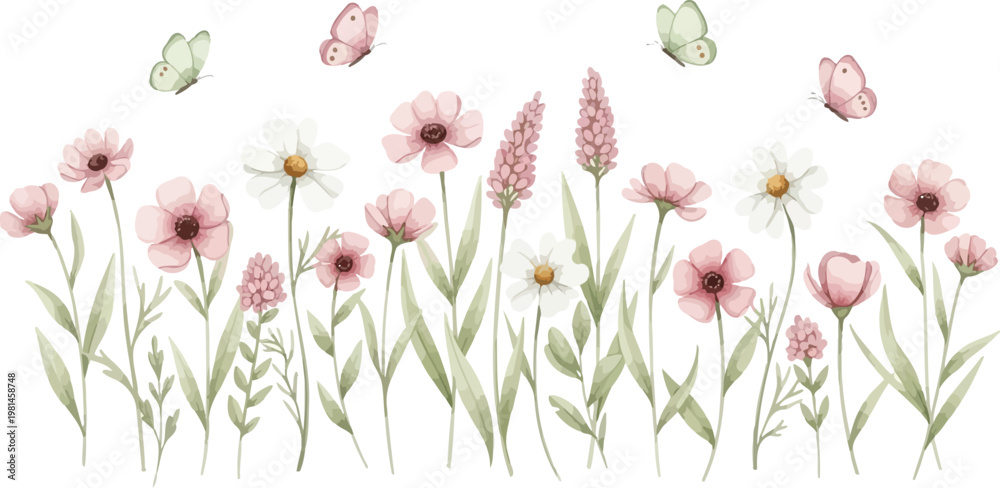 Obraz premium A beautiful watercolor illustration featuring a delicate meadow of pink and white wildflowers with soft fluttering butterflies on white background