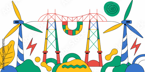 Wind turbines and power transmission towers flat vector illustration with turbines transmission electricity sustainable infrastructure renewable illustration electrical technology environment