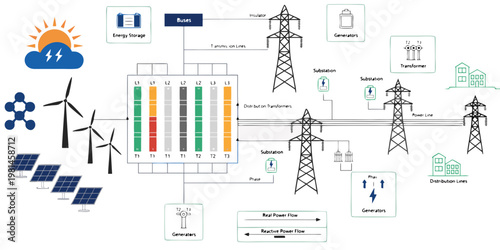 Electrical power grid schematic infographic showing energy distribution and renewable sources with infographic schematic electricity distribution transmission illustration renewable turbines