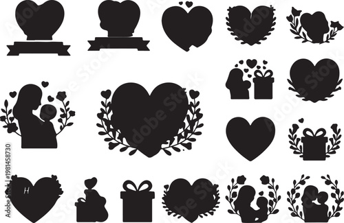 Assorted silhouette graphics featuring hearts mothers with children gifts silhouette collection parenthood celebration greeting illustration monochrome decoration relationship